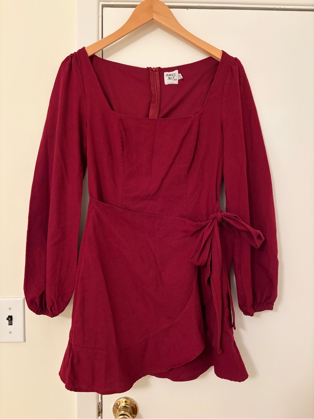 Princess Polly Long-Sleeve Wrap Mini Dress in Burgundy
